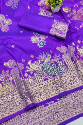 Purple zari woven paithani silk blend saree with blouse piece