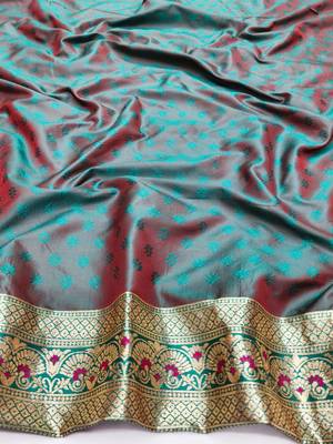 Rani pink zari woven silk blend saree with blouse piece 4