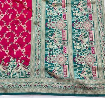 Rani pink zari woven silk blend saree with blouse piece 5