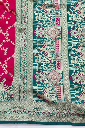 Rani pink zari woven silk blend saree with blouse piece