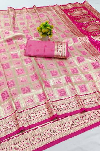 Pink zari woven silk blend saree with blouse piece