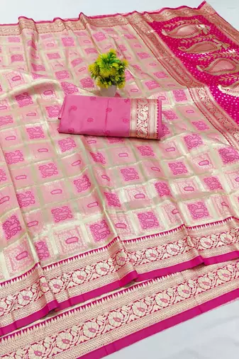 Pink zari woven banarasi silk blend saree with blouse piece