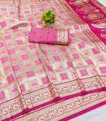 Pink zari woven banarasi silk blend saree with blouse piece