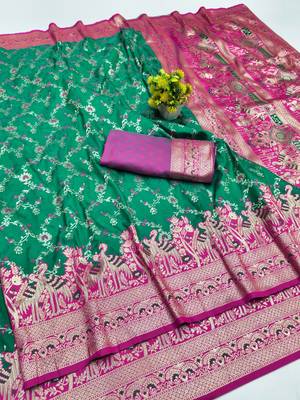 Green zari woven silk blend saree with blouse piece 1
