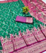 Green zari woven banarasi silk blend saree with blouse piece