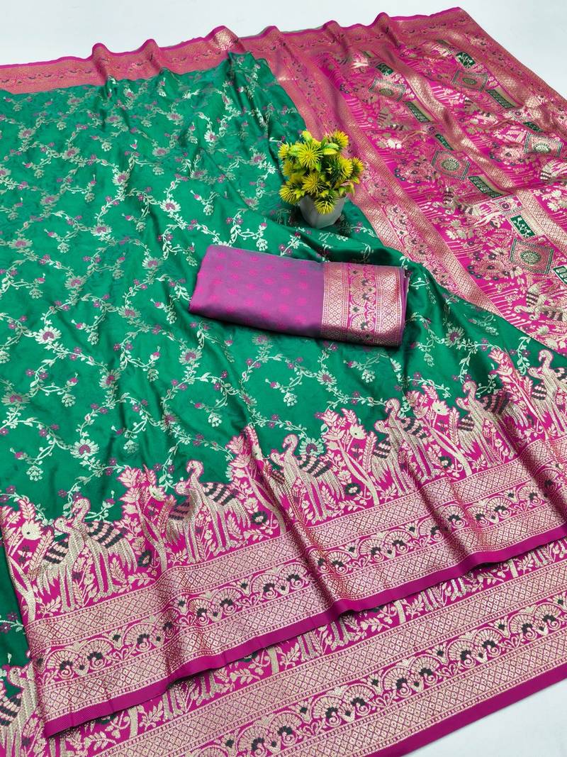 Green zari woven banarasi silk blend saree with blouse piece