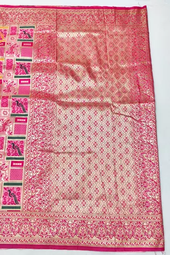 Pink Zari woven patola silk blend saree with blouse piece