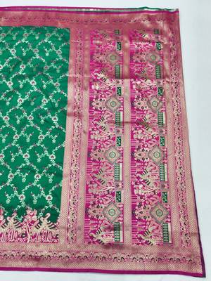 Green zari woven silk blend saree with blouse piece 2