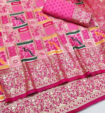 Pink Zari woven patola silk blend saree with blouse piece 3
