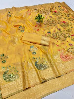 Gold zari woven paithani silk blend saree with blouse piece 1