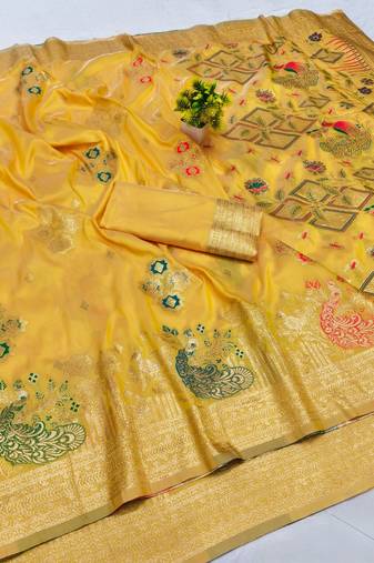 Gold zari woven paithani silk blend saree with blouse piece