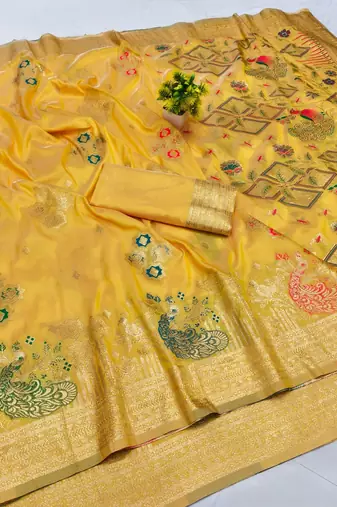 Gold zari woven paithani silk blend saree with blouse piece