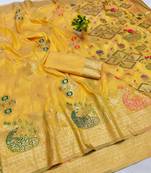 Gold zari woven paithani silk blend saree with blouse piece