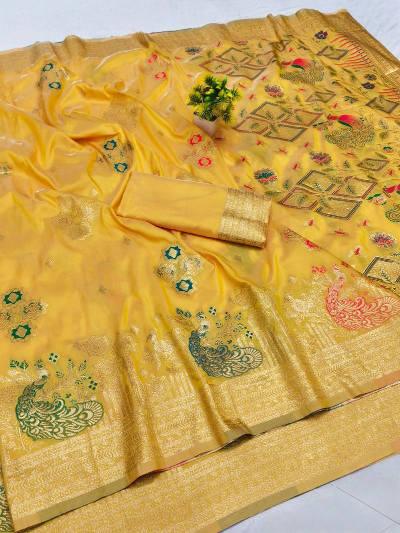 Gold zari woven paithani silk blend saree with blouse piece