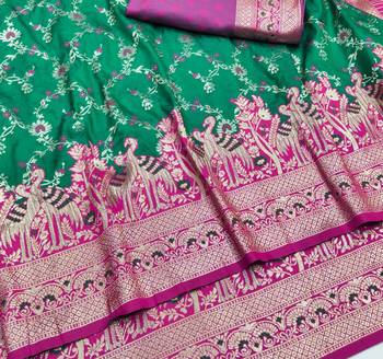Green zari woven silk blend saree with blouse piece 3