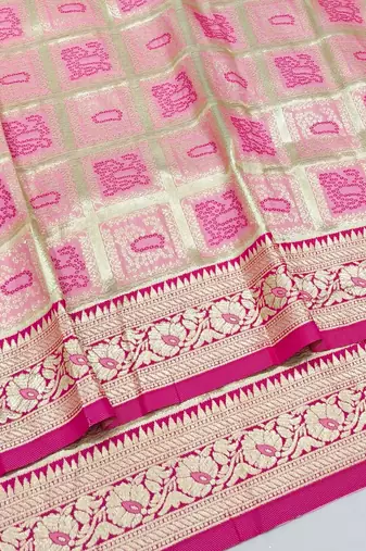 Pink zari woven silk blend saree with blouse piece