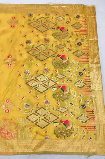Gold zari woven paithani silk blend saree with blouse piece