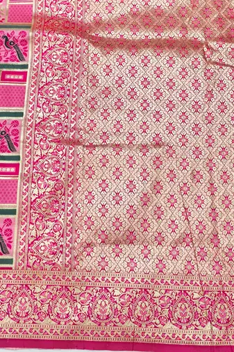 Pink Zari woven patola silk blend saree with blouse piece