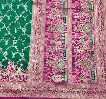 Green zari woven silk blend saree with blouse piece 5