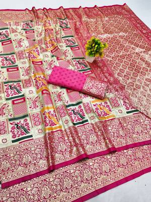 Cream zari woven patola silk blend saree with blouse piece 1