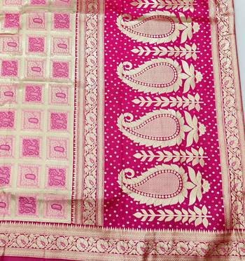 Pink zari woven silk blend saree with blouse piece 5