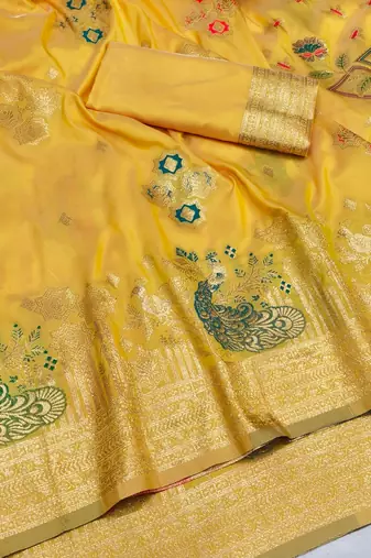 Gold zari woven paithani silk blend saree with blouse piece
