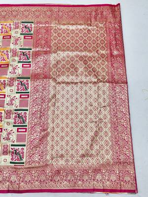 Cream zari woven patola silk blend saree with blouse piece 2