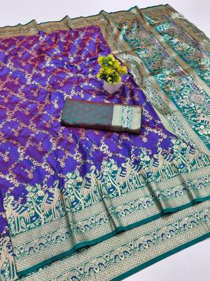 Purple zari woven silk blend saree with blouse piece 1