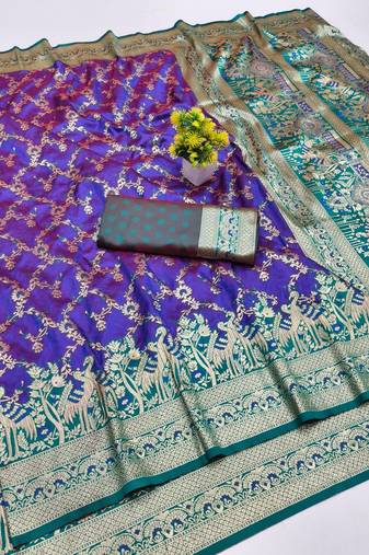 Purple zari woven banarasi silk blend saree with blouse piece