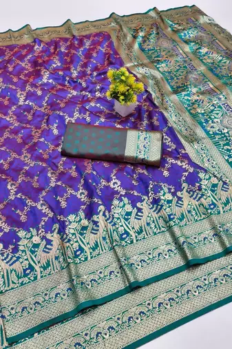 Purple zari woven banarasi silk blend saree with blouse piece