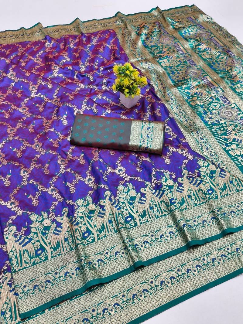 Purple zari woven banarasi silk blend saree with blouse piece