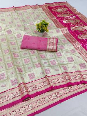 Cream zari woven silk blend saree with blouse piece 1