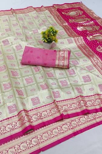 Cream zari woven banarasi silk blend saree with blouse piece