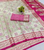 Cream zari woven banarasi silk blend saree with blouse piece