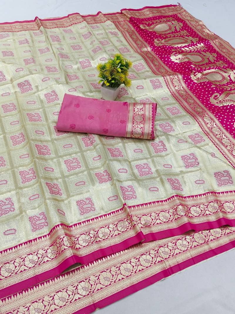 Cream zari woven banarasi silk blend saree with blouse piece