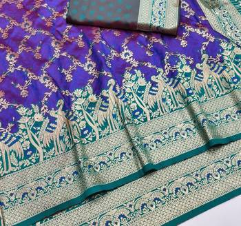 Purple zari woven silk blend saree with blouse piece 3