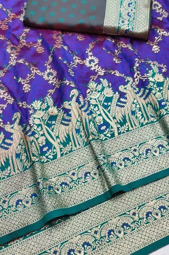 Purple zari woven silk blend saree with blouse piece