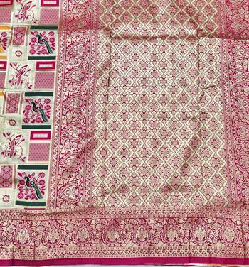 Cream zari woven patola silk blend saree with blouse piece 5