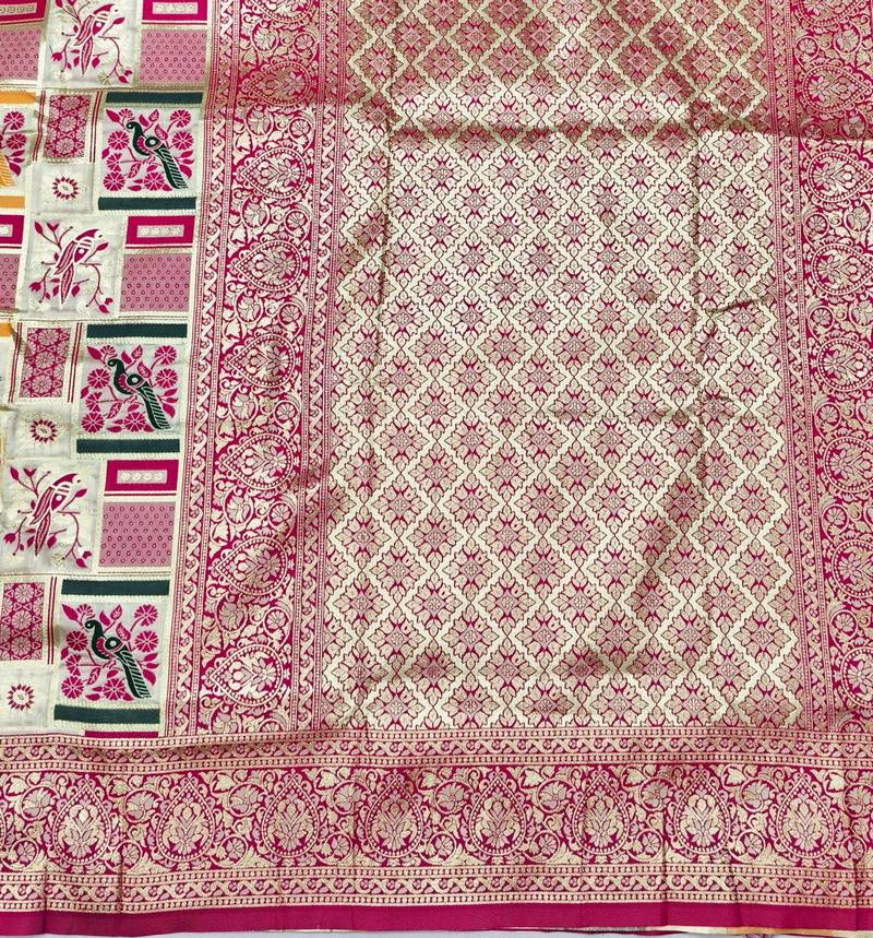 Cream zari woven patola silk blend saree with blouse piece
