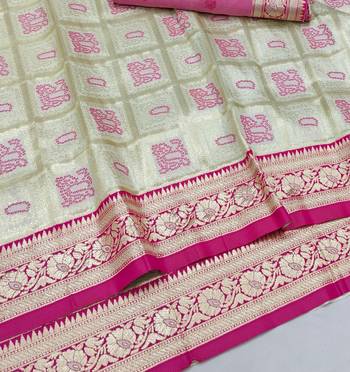 Cream zari woven silk blend saree with blouse piece 3