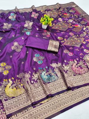 Wine zari woven paithani silk blend saree with blouse piece 1