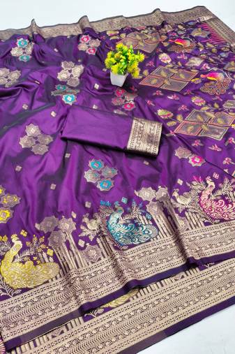 Wine zari woven paithani silk blend saree with blouse piece