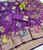 Wine zari woven paithani silk blend saree with blouse piece