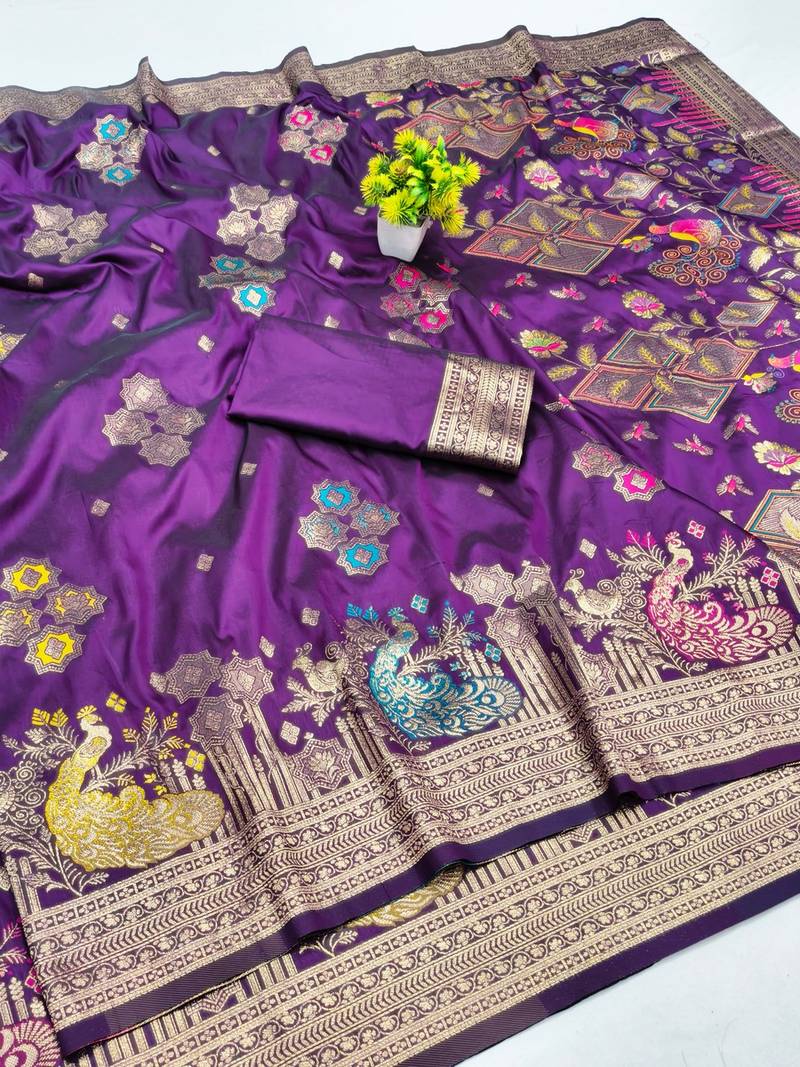 Wine zari woven paithani silk blend saree with blouse piece