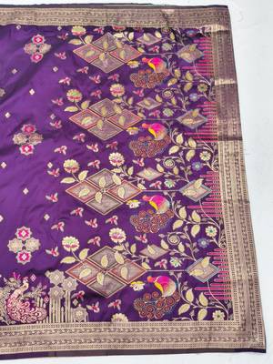 Wine zari woven paithani silk blend saree with blouse piece 2