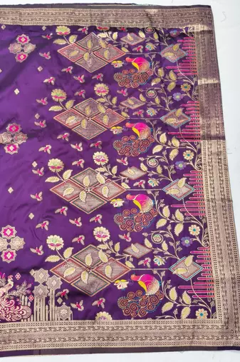 Wine zari woven paithani silk blend saree with blouse piece
