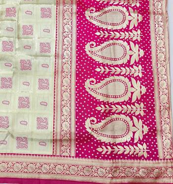 Cream zari woven silk blend saree with blouse piece 5