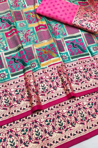 Blue zari woven patola silk blend saree with blouse piece