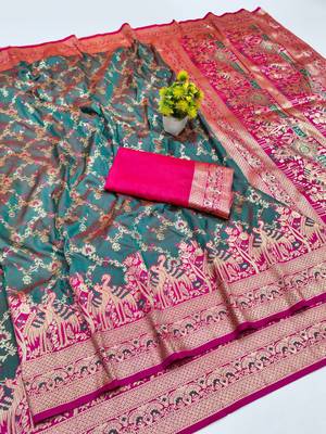 Tael green zari woven silk blend saree with blouse piece 1