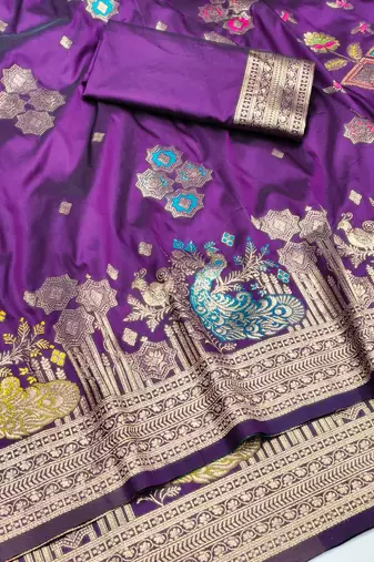 Wine zari woven paithani silk blend saree with blouse piece